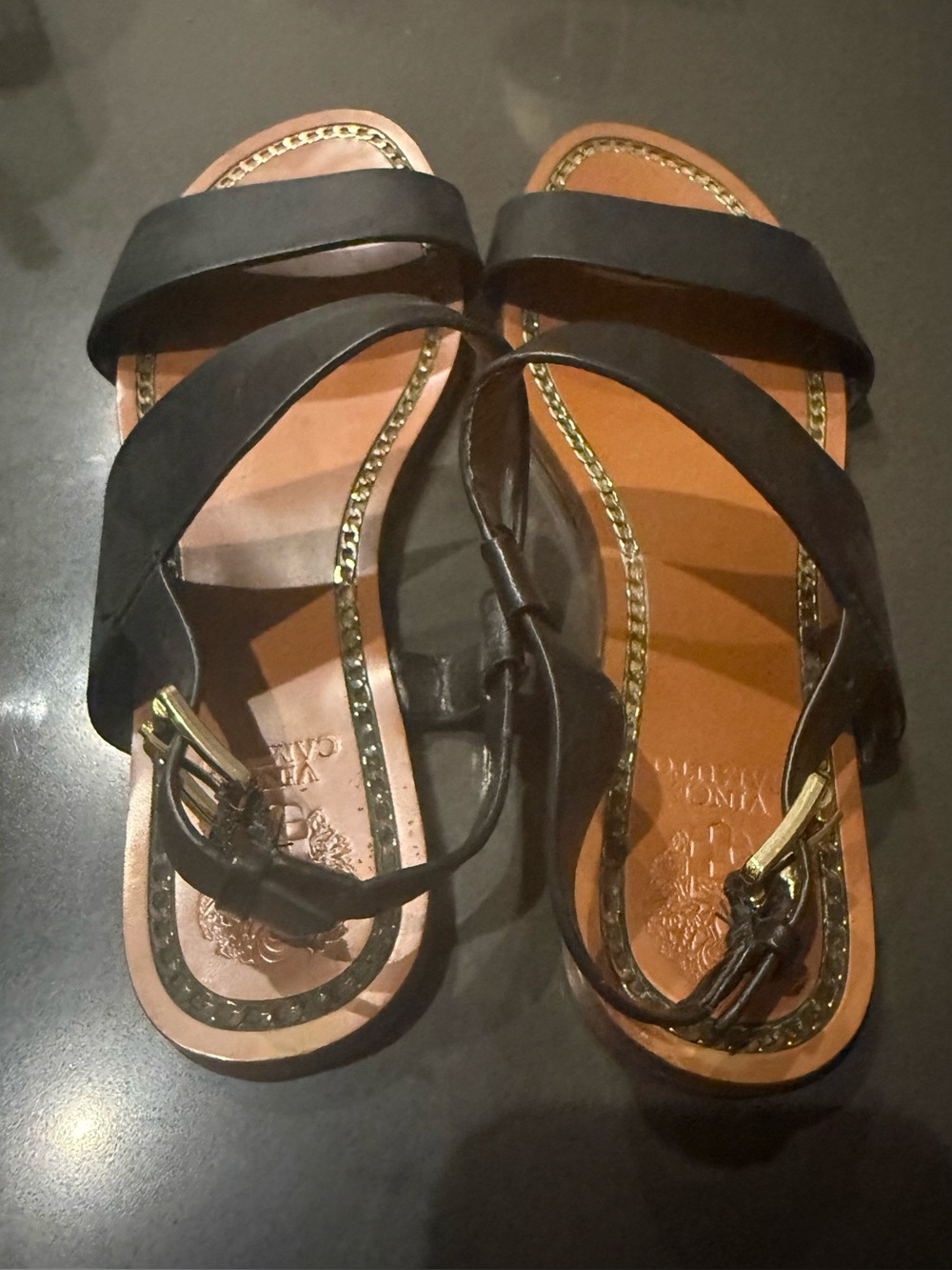 Vince Camuto Black and Tan Leather Strappy Sandals